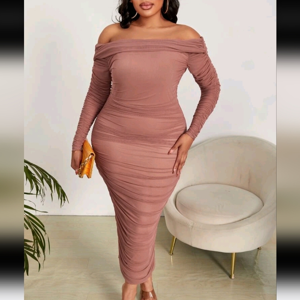 SHEIN SXY Plus Off Shoulder Ruched Mesh Bodycon Dress